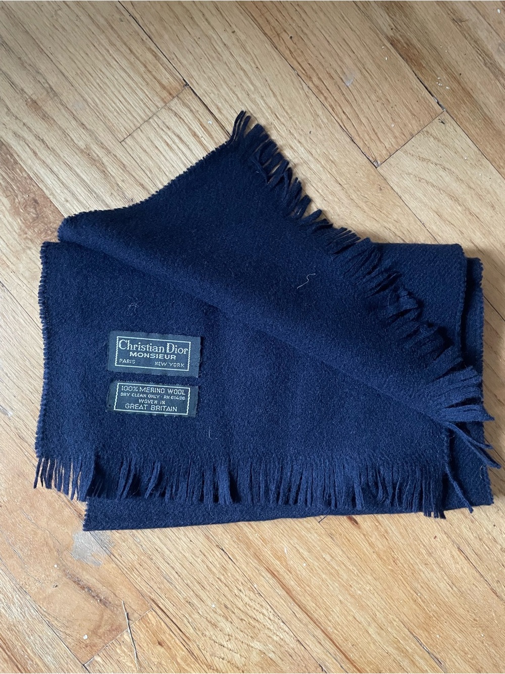 Dior Men's Dark Navy Merino Wool Scarf with Fringed Ends